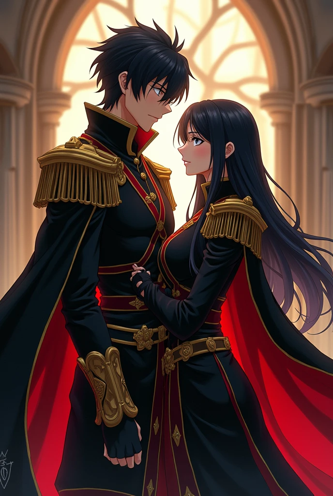 A wallpaper of Erza Scarlet with me as her husband. I'm black haired, black eyes, have an introvert personality. I'm wearing a blackgold assassin uniform.