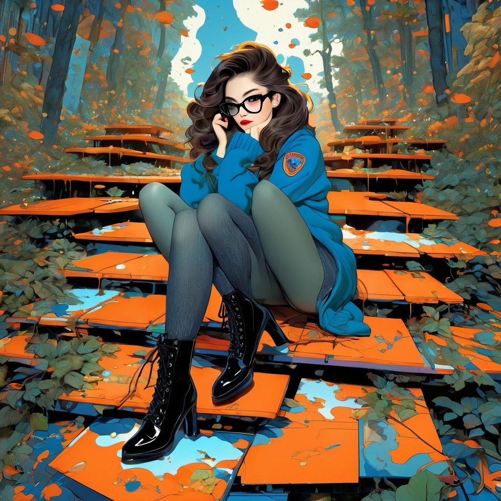 znchn style、officer、Masterpiece artwork、beautiful stools、highly contrast、Artwork by、Sexy A Girl Waiting For Her Lover、portraits、long court、long boots、Stockings、sitting down、hand between legs、brownhair、rhombus stripe、long hair on the shoulders、bagged、lips eyelashes、or forest、blue sweater、glasses、orange jacket、survey、Subtle color、perfil、Subtle color、post-grunge、conceptual artwork、ink spatter、details Intricate。Highly detailed and detailed eyes、trends in art stations、Jothan Gonzalez e Rop、james jean、Victon Gai、David Rabun、Mike Mignola、Lauri Lee、tabletop、Maximum quality、