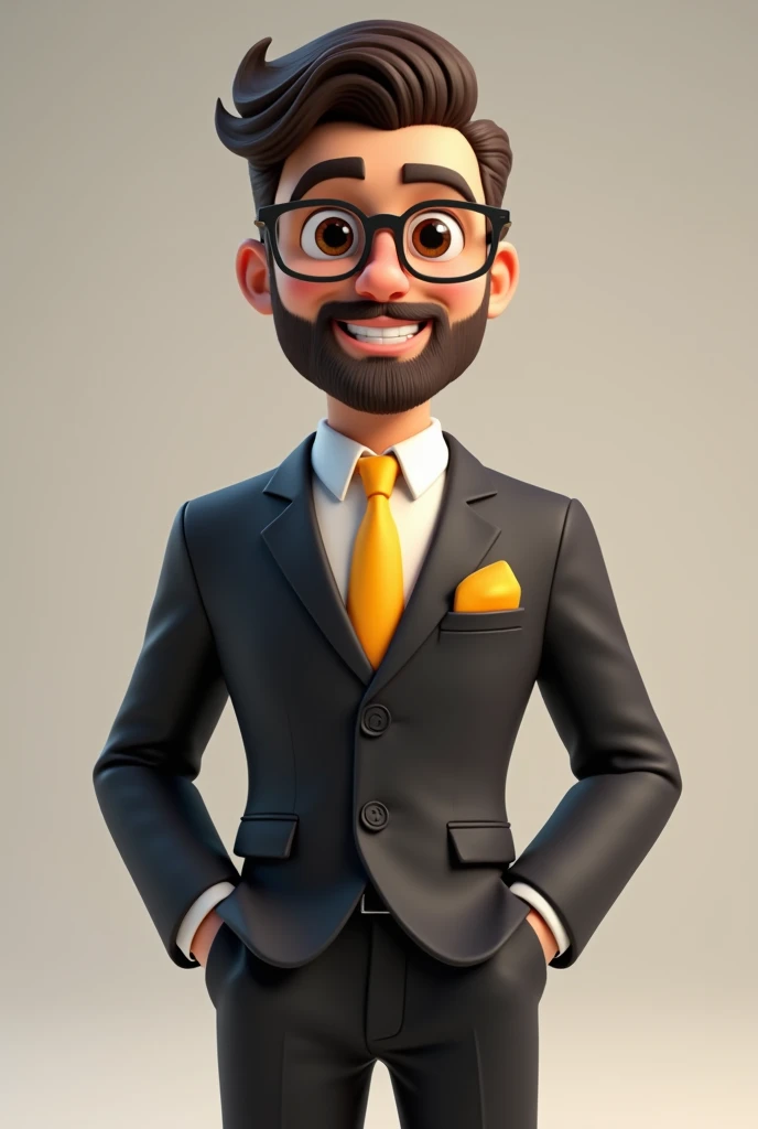 A full body 3D cartoon character. He has a friendly and charismatic appearance. The character is a young man with fair skin, a beard and dark brown hair combed up, thick eyebrows, large brown eyes and wears glasses. He is smiling confidently. The character is dressed formally, wearing a black suit, white shirt and yellow tie. In his jacket pocket there is a yellow handkerchief, matching his tie. He has both hands in his pockets and his relaxed posture suggests confidence and ease. The background of the image is neutral, which highlights the character even more.