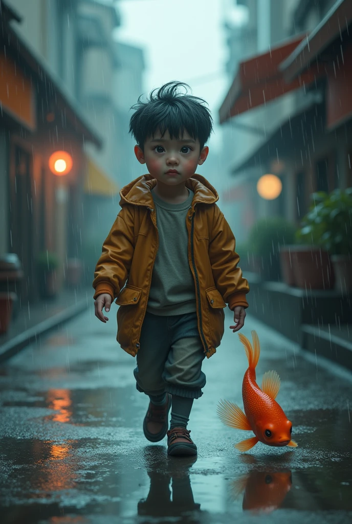 a boy walking with fish in the street, raining, pet, detailed eyes, detailed facial features, dynamic pose, photorealistic, 8k, highres, dramatic lighting, moody atmosphere, muted color palette, rainy city street, realistic textures, intricate details, masterpiece