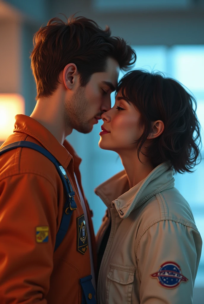 Make a simple good man he should be a programmer and he must look between 2 with brown eyes short hair and his girlfriend should with and it must be look like a romantic relationship but don't make too much and don't forget he is a programmer and programmer are simple and his girlfriend is astronaut replace his girl with Alyssa Carson change background with some cool background but remember simple  Make it more realistic person 