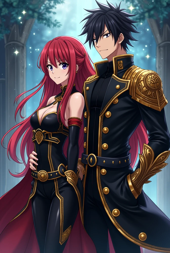 A wallpaper of Erza Scarlet with me as her husband. I'm black haired, black eyes, have an introvert personality. He is wearing a blackgold assassin uniform.