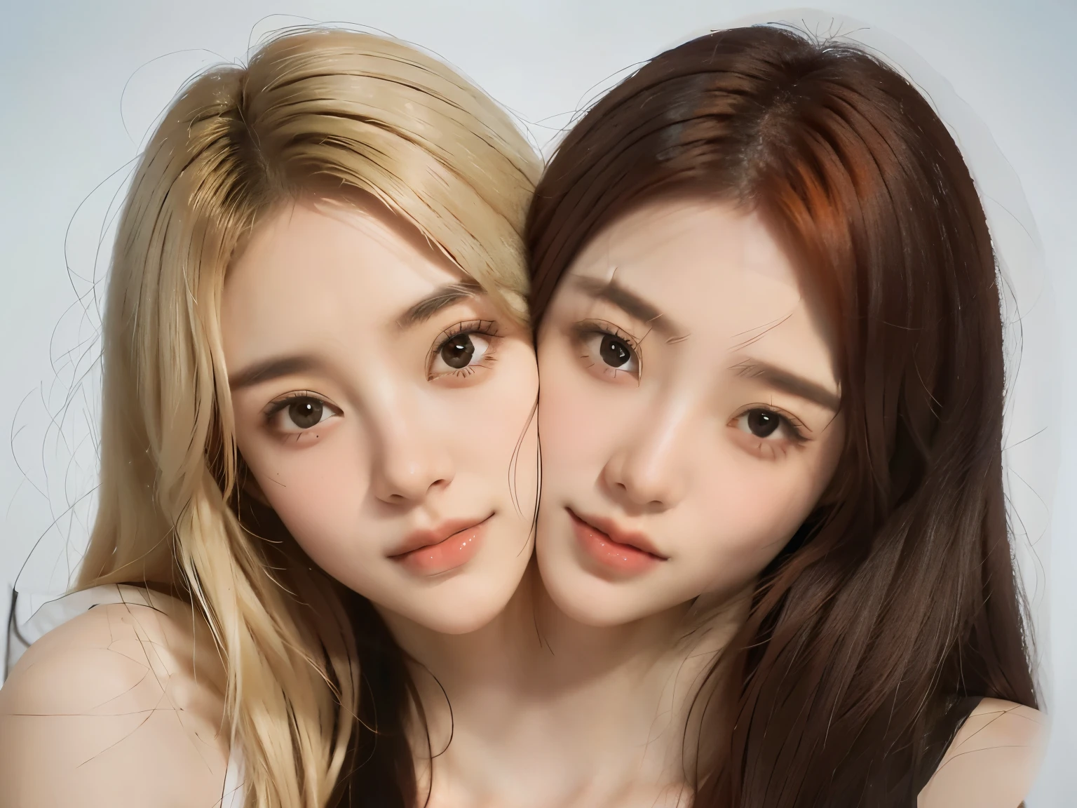 best resolution, 2heads, half-body shot, conjoined, dicephalus, two japanese woman with two heads , red hair, blonde hair, different faces, t-shirt, indoor background