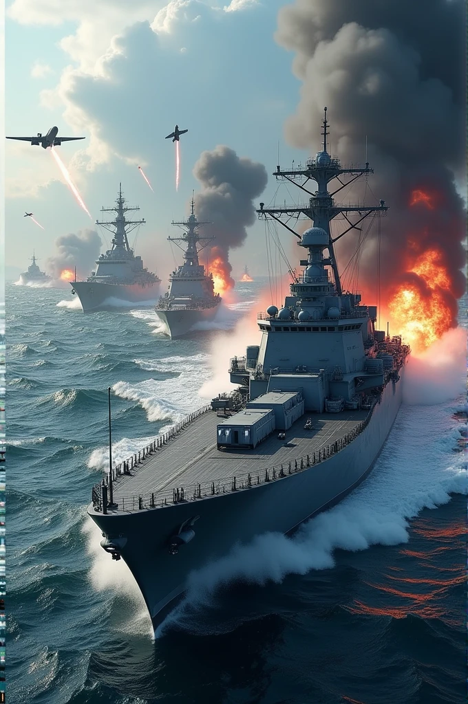 High-resolution photo of a naval battle between China and the United States, featuring modern warships, missile launches, and intense sea skirmishes, with dramatic lighting and a turbulent ocean backdrop, masterpiece, best quality, 4k, realistic style, dynamic lighting, depth of field, detailed ships, detailed battle scene.