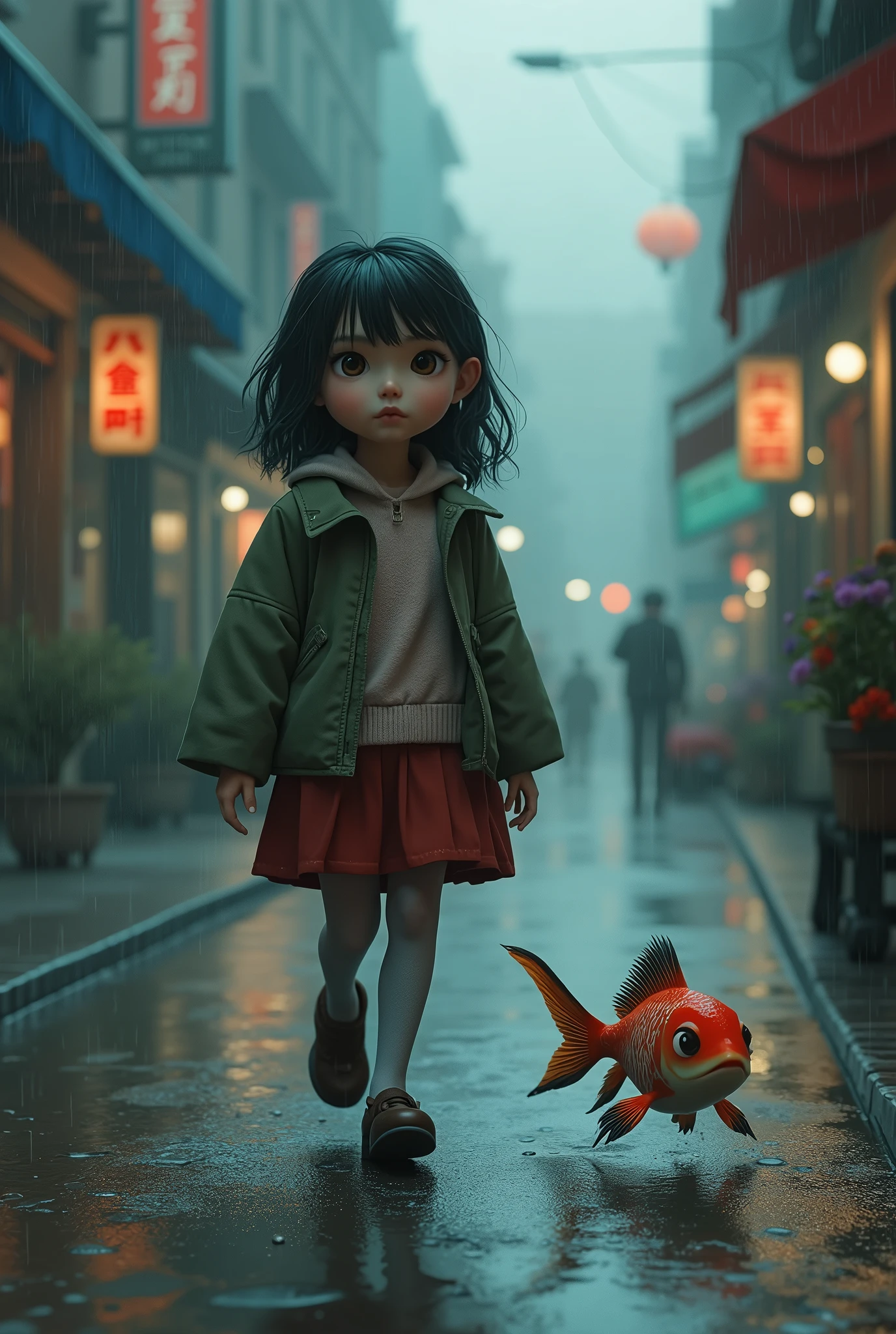 a girl walking with fish in the street, raining, pet, detailed eyes, detailed facial features, dynamic pose, photorealistic, 8k, highres, dramatic lighting, moody atmosphere, muted color palette, rainy city street, realistic textures, intricate details, masterpiece