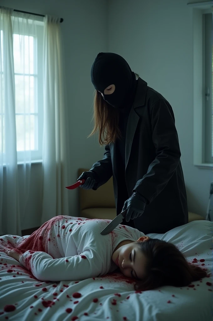 korean girl, (behind stiff, holding knife), stabbing, black balaclava mask, black leather gloves, bed room, black raincoat, girl only, holding knife, leather gloves, woman on top, behind cadaver, looking at viewer, blood splatter, white room, night, by the window mass murderer, killer, blood splatter, tripod and camera in the back, shooting with camera