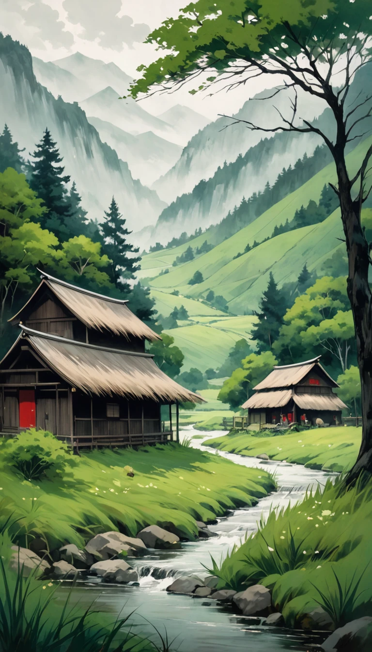 artist by Yoshitomo Nara,inside the village,wild animals,light tones,(smooth strokes),fine sketches,Vivid,Moody,Landscapes,Fantasy,Dark,landscape oil painting, red and green colors