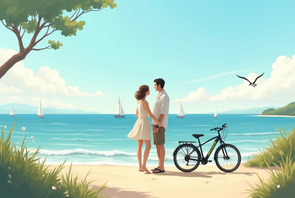 Give me a soothing picture of a couple with cycle beside the seashore
