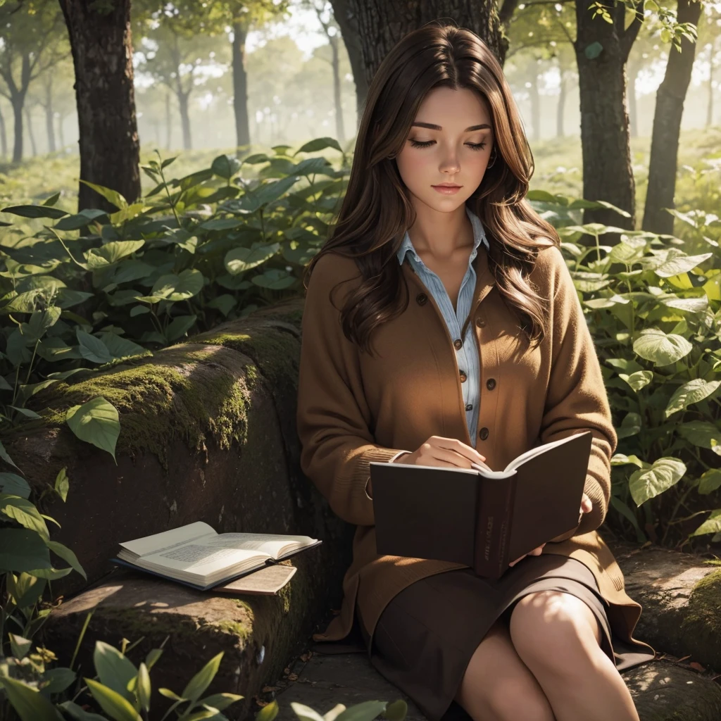 a brown haired woman reading a book, nature environment 