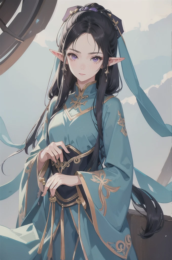 masterpiece, best quality, 1girl, ultra detailed, ultra high resolution, cute girl, detailed, long pointy ears, elf, nice face,black hair, puple eyes, textured skin,