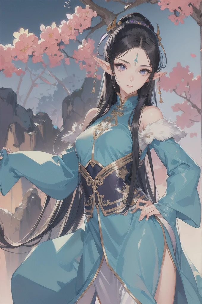 masterpiece, best quality, 1girl, ultra detailed, ultra high resolution, cute girl, detailed, long pointy ears, elf, nice face,black hair, puple eyes, textured skin,