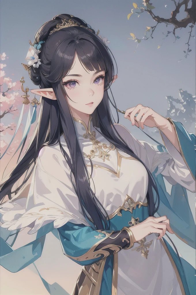 masterpiece, best quality, 1girl, ultra detailed, ultra high resolution, cute girl, detailed, long pointy ears, elf, nice face,black hair, puple eyes, textured skin,