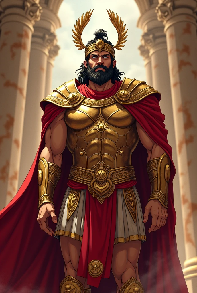 king of Mycenae, Ancient Greece, bronze armor with red vestments, crown of apollo, ((anime styling))