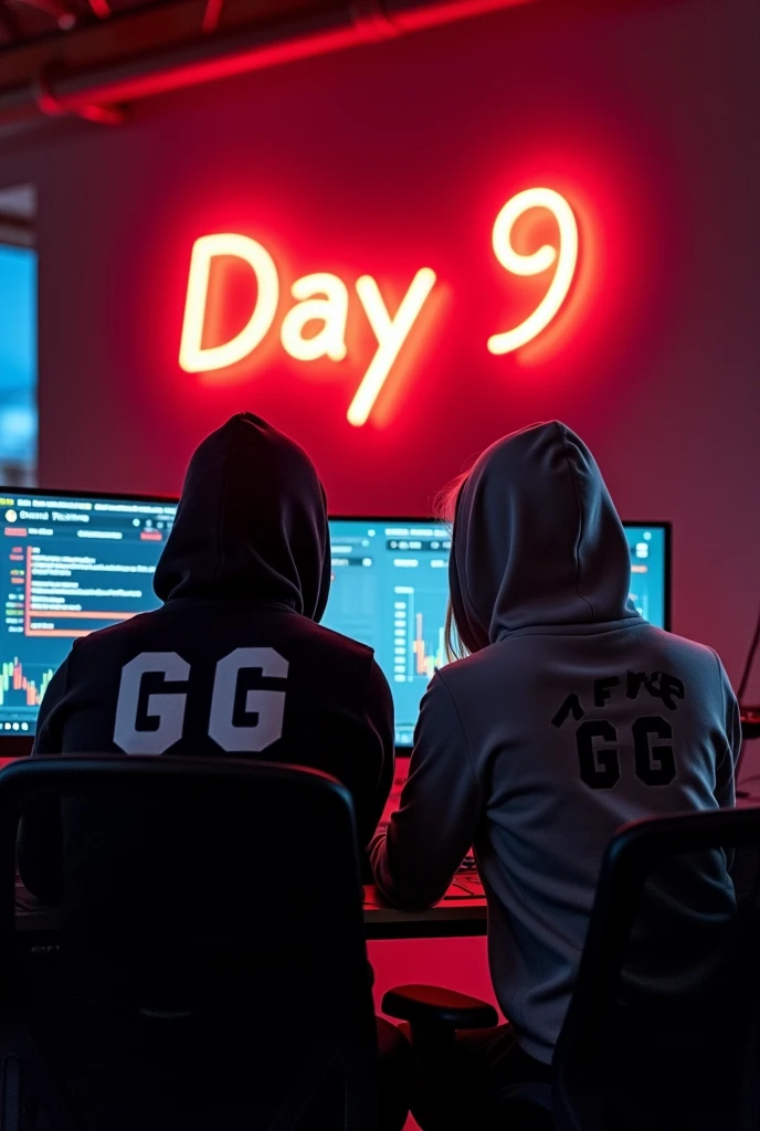 a man and woman sitting in trading room on money and working on trading application on his pc the face not visible must hoodie and his name "G G" written on the hoodie. Pic from back side pc monitor visible. And  "Day 9" written on the wall with red neon light.