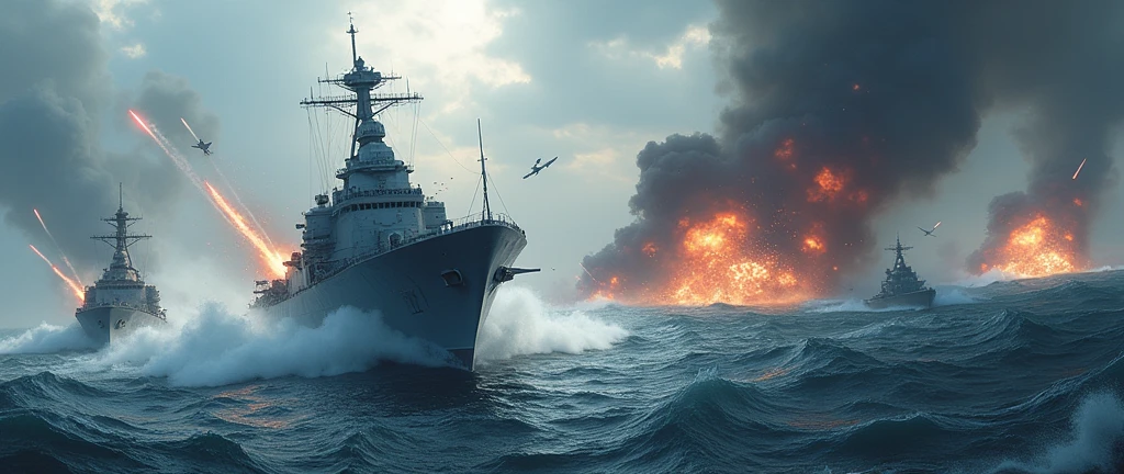 High-resolution photo of a naval battle between China and the United States, featuring modern warships, missile launches, and intense sea skirmishes, with dramatic lighting and a turbulent ocean backdrop, masterpiece, best quality, 4k, realistic style, dynamic lighting, depth of field, detailed ships, detailed battle scene.