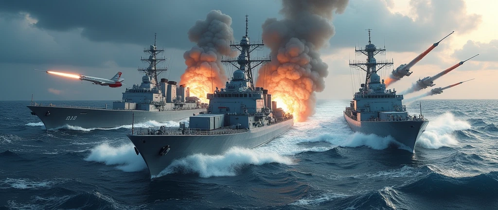 High-resolution photo of a naval battle between China and the United States, featuring modern warships, missile launches, and intense sea skirmishes, with dramatic lighting and a turbulent ocean backdrop, masterpiece, best quality, 4k, realistic style, dynamic lighting, depth of field, detailed ships, detailed battle scene.