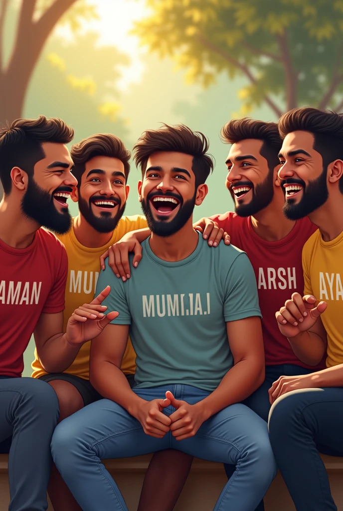 There are 5 friends. Their name is Yash Kaman Munna Arsh and Ayan and everyone are 2 and everyone have beard on their face. Their name is written on their t shirt and it is clearly visible.  They all are sitting together and having fun. Yash is in middle