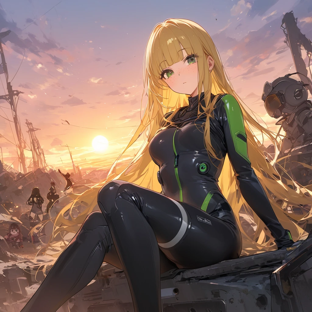 score_9, score_8_up, score_7_up, score_6_up, score_5_up, score_4_up, masterpiece, best quality, source_アニメ,2d、flat、1girl, A girl in a black pilot suit、Blonde、Straight Hair、blunt bangs、freckles、Long Hair、Machine Ruins、Sunset、sit