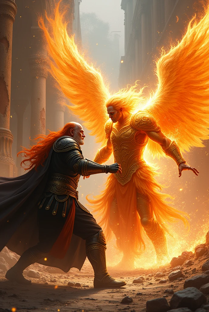 Fire male angel fight against and hits, kills, a old man with black golden armor and orange hair, on the ruins ground