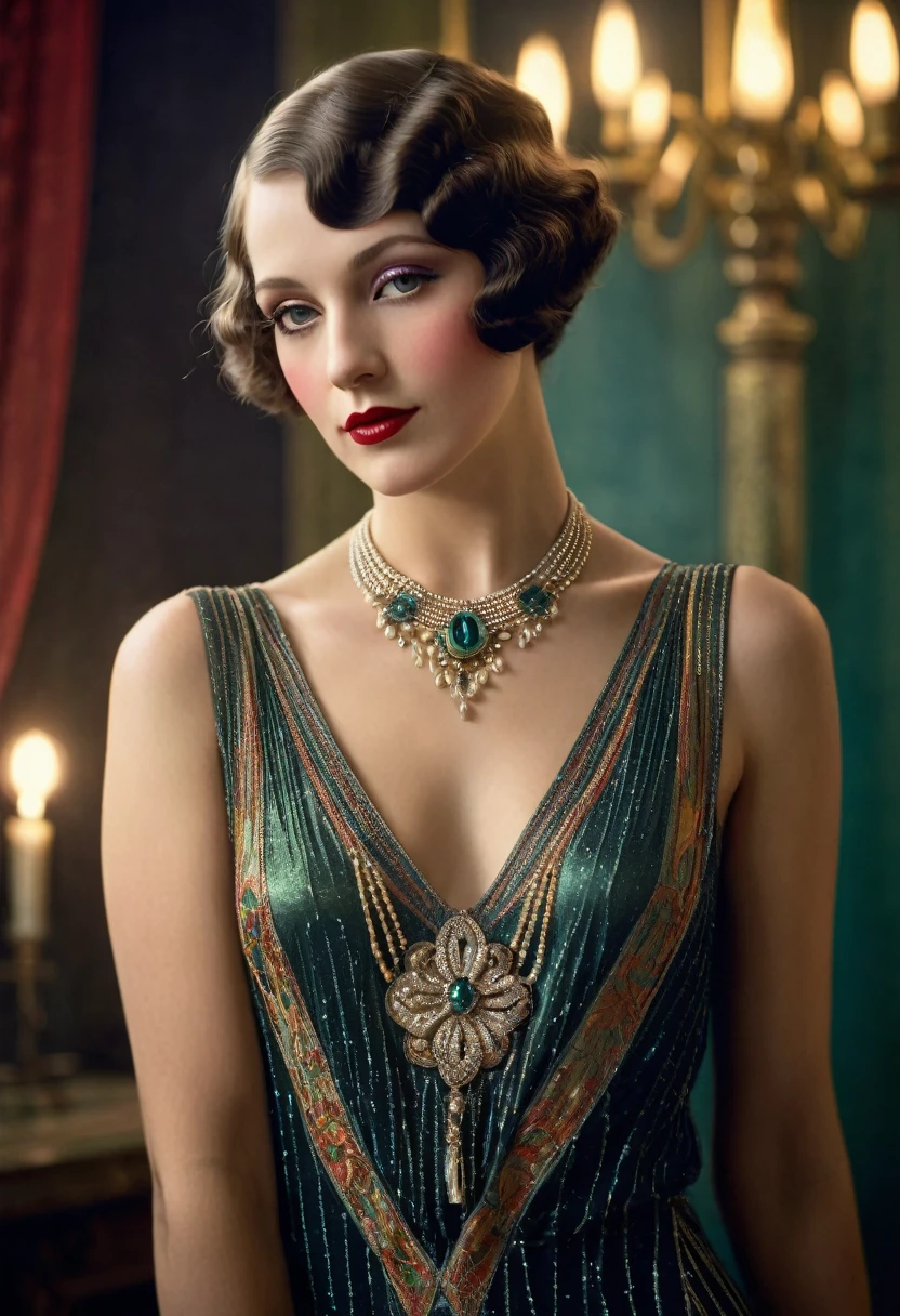 a beautiful woman in the Weimar Republic, 1920s Germany, elegant dress, perfect makeup, captivating gaze, decadent atmosphere, high quality, photorealistic, cinematic lighting, vibrant colors, intricate details, masterpiece
