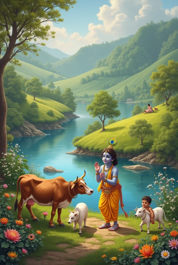 newborn lord krishna with cows and Gokulvasi