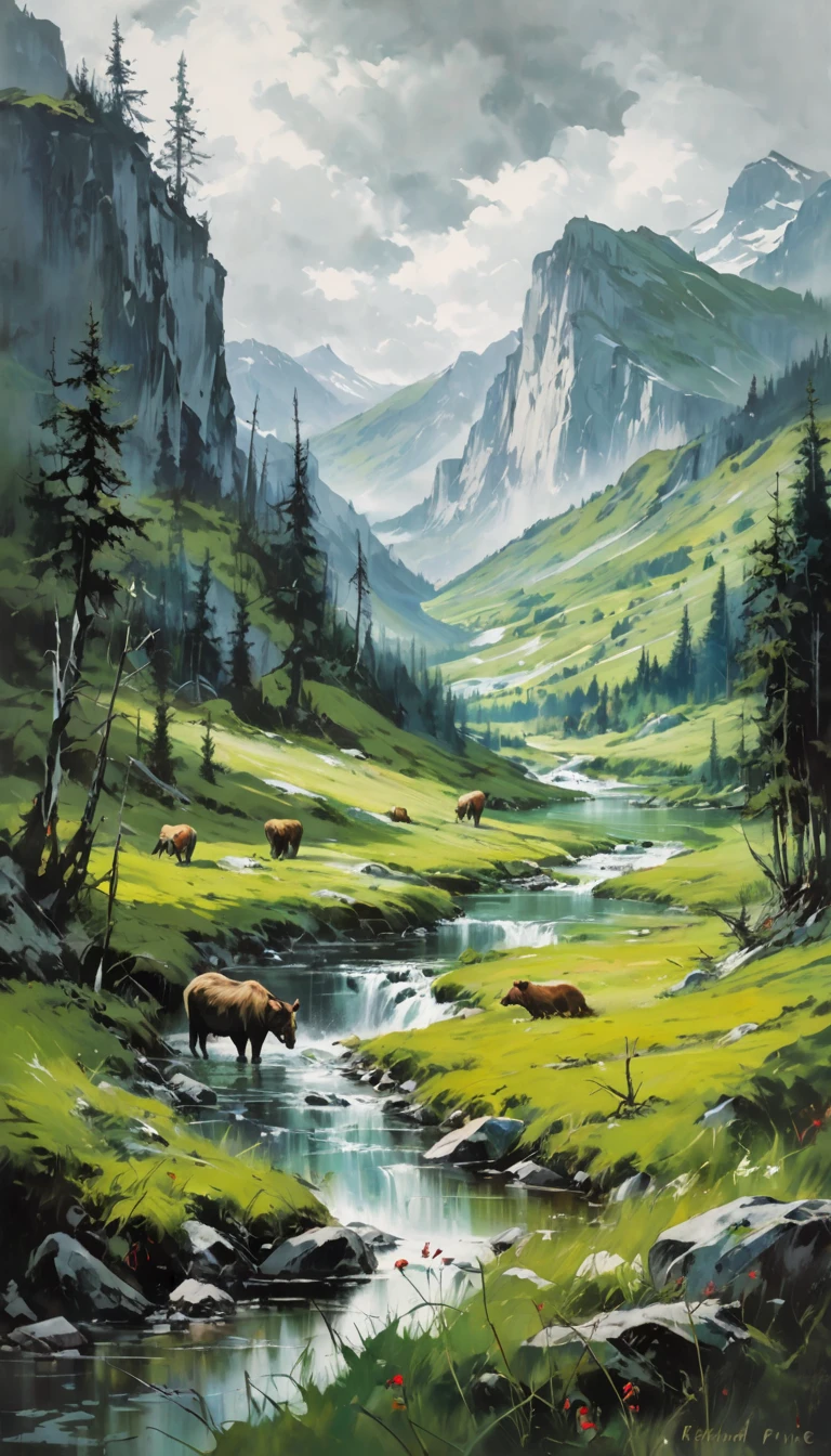 artist by Richard Prince,inside the village,wild animals,light tones,(smooth strokes),fine sketches,Vivid,Moody,Landscapes,Fantasy,Dark,landscape oil painting, red and green colors