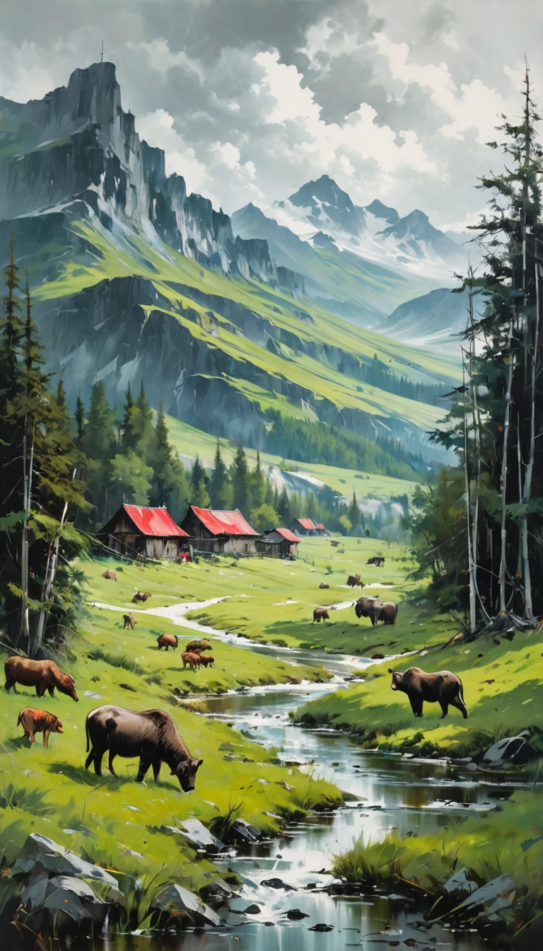 artist by Richard Prince,inside the village,wild animals,light tones,(smooth strokes),fine sketches,Vivid,Moody,Landscapes,Fantasy,Dark,landscape oil painting, red and green colors