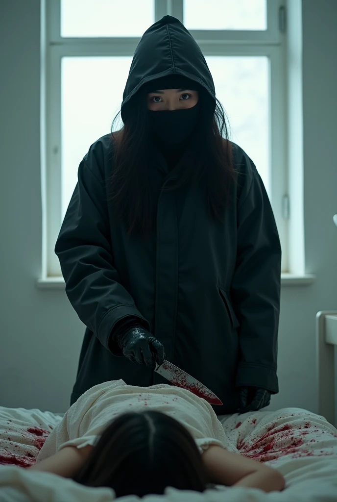 korean girl, (behind stiff, holding knife), stabbing, leather balaclava mask, black gloves, white room, black raincoat, bloody knife, black gloves, woman on top, behind cadaver, blood splatter, on the bed, looking at viewer, mass murderer, killer, blood splatter, light from the window, close-up,