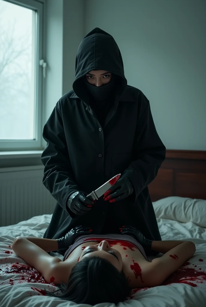 korean girl, (behind stiff, holding knife), stabbing, leather balaclava mask, black gloves, white room, black raincoat, bloody knife, black gloves, woman on top, behind cadaver, blood splatter, on the bed, looking at viewer, mass murderer, killer, blood splatter, light from the window, close-up,