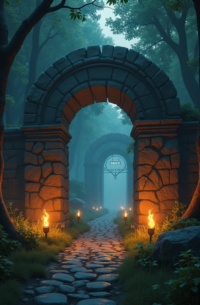 RPG game scenario with torches and a large portal where you can read the word "Soul Gamer". The day is clear and there are plants along the path.