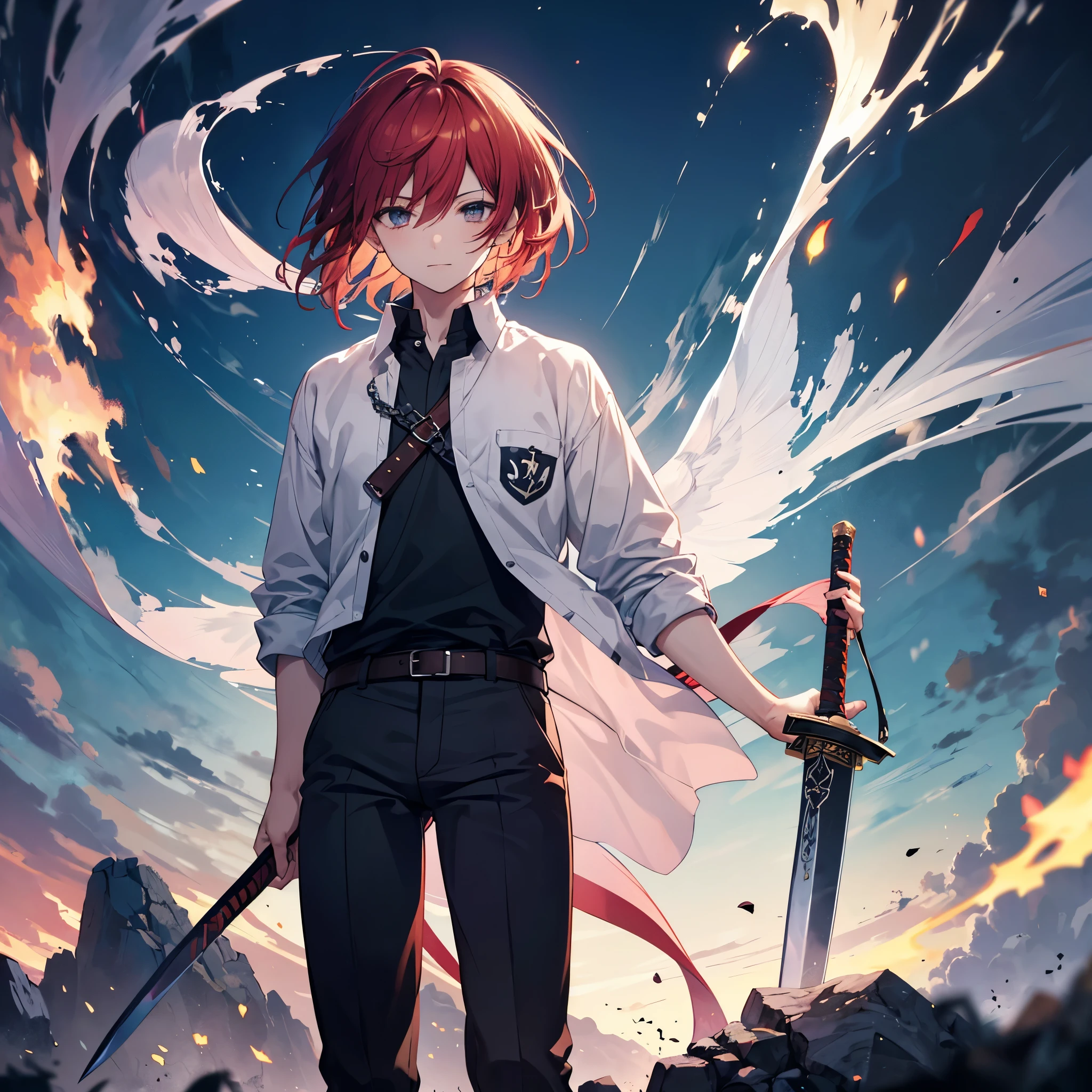 male, 180cm tall, androgynous beauty, sharp golden eyes, short messy flame-red hair, medium build, ethereal appearance, wearing a disheveled black dress shirt with rolled-up sleeves, black skinny pants, holding a katana, sword master, twilight sky background, reflective water surface, detailed anime style illustration, intense expression with slight smile, hidden power aura, fire and sparks swirling around the character