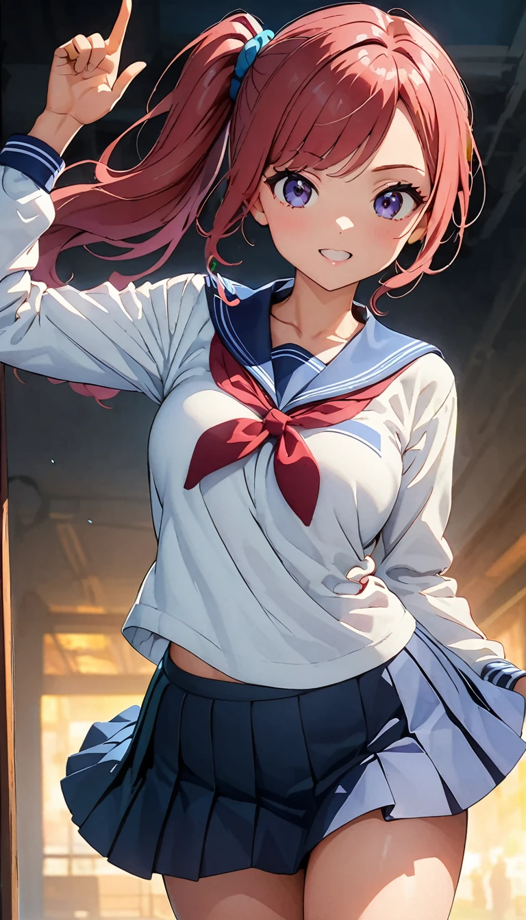 (Anime artwork, Anime Style, Studio Anime, Very detailed, Latest, Vibrant, Anime Coloring, High Contrast, masterpiece:1.2, Highest quality, Best aesthetics), A woman wearing a sailor suit, Pleated skirt, Medium chest, Thighs glimpsed, Redhead, Side Ponytail, Asymmetrical bangs, Perfect Proportions, Skin with attention to detail, cute, Detailed face, Dance Motion, Dynamic pose, (Accurate fingertips, Browse 4, Thumb 1),