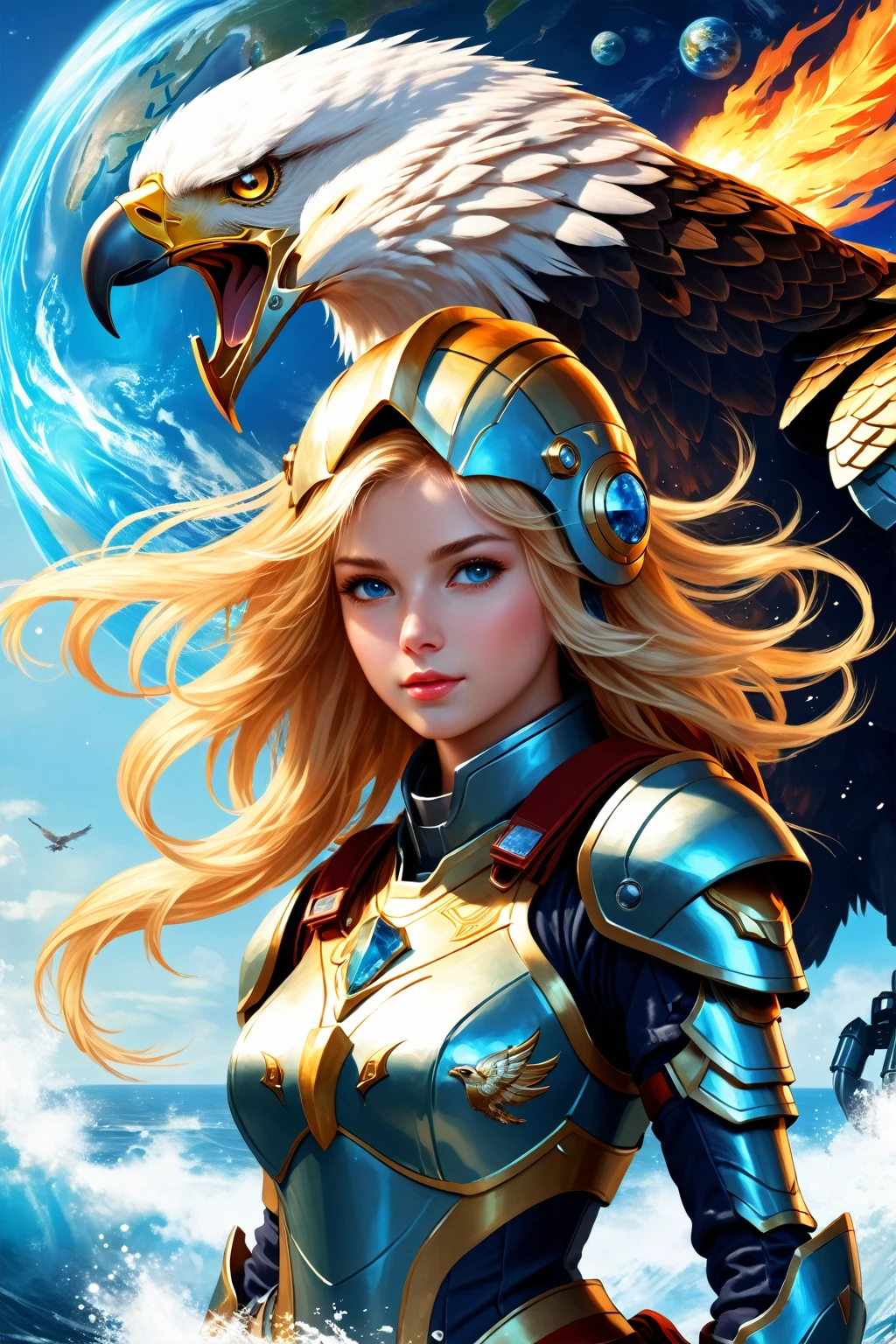 Stunning masterpiece, 16K, best quality, illustration, Planet Earth, water, fire, wind, space, 1 girl, blond hair, Beautiful mecha, Shining Armor, Eagle Helmet, Pretty Face,