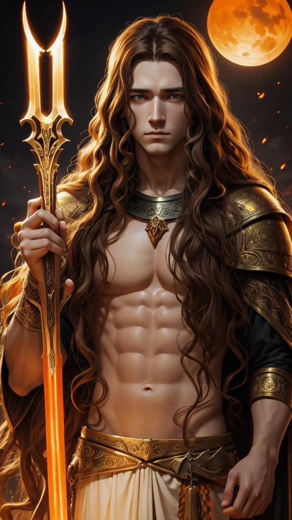 Medieval fantasy god man, pale, long curly brown hair, Orange eyes, sad air.