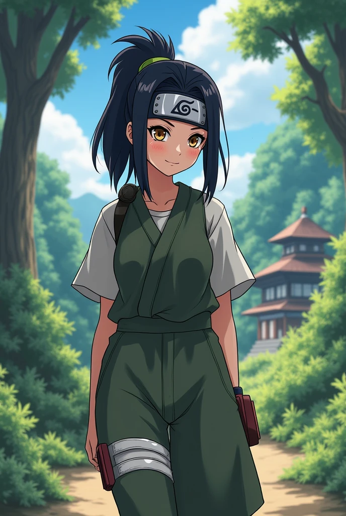 Jolie femme venant de l’univers de naruto avec des vêtement baggy avec le bandeau de konoha style anime