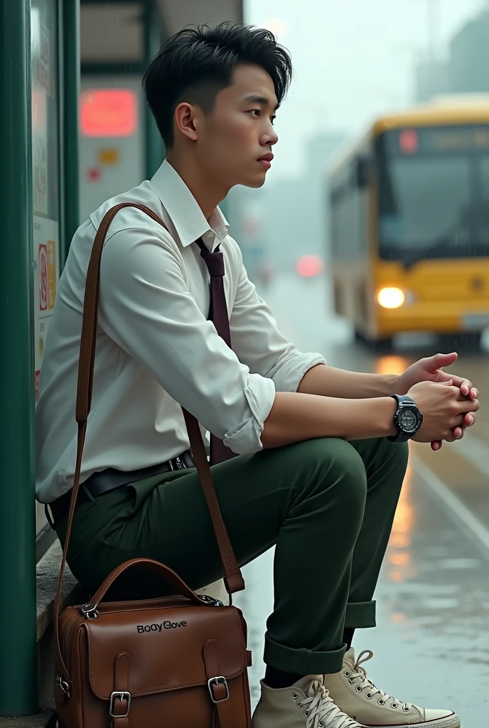 Malaysia man average 1. age man , wear white collar clothes. Black belt. Dark green long pants. Holding body glove bag ,dirty white converse shoes. Sitting on the bus stops. Figure four lock. Wear g shocked watch. Raining day. Wet road. Background bus coming. Dark brown long tie. 