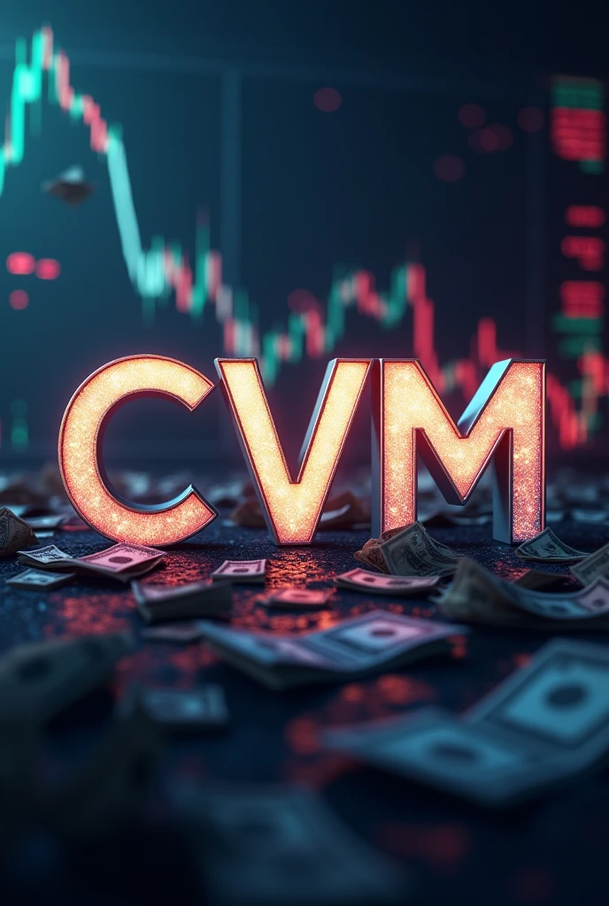 create a slideshow cover with the letters CVM stamped as the title, and in the background the image of the stock market varying (without workers). Also put money flying in the background. Make cvm letters beautiful, and center them on the screen, facing the observer.
