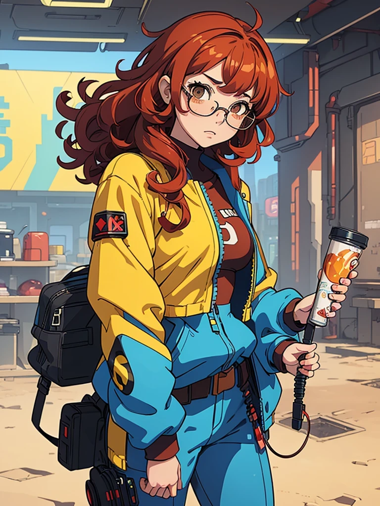 (masterpiece), (best quality), 1 girl, red hair,((brown eyes)),curly hair, (short curly hair) , brown eyes, anime style, freckles, (small breast),(petite figure), (blue outfit),(cyberpunk clothes)),legs, desert background, (yellow glasses)