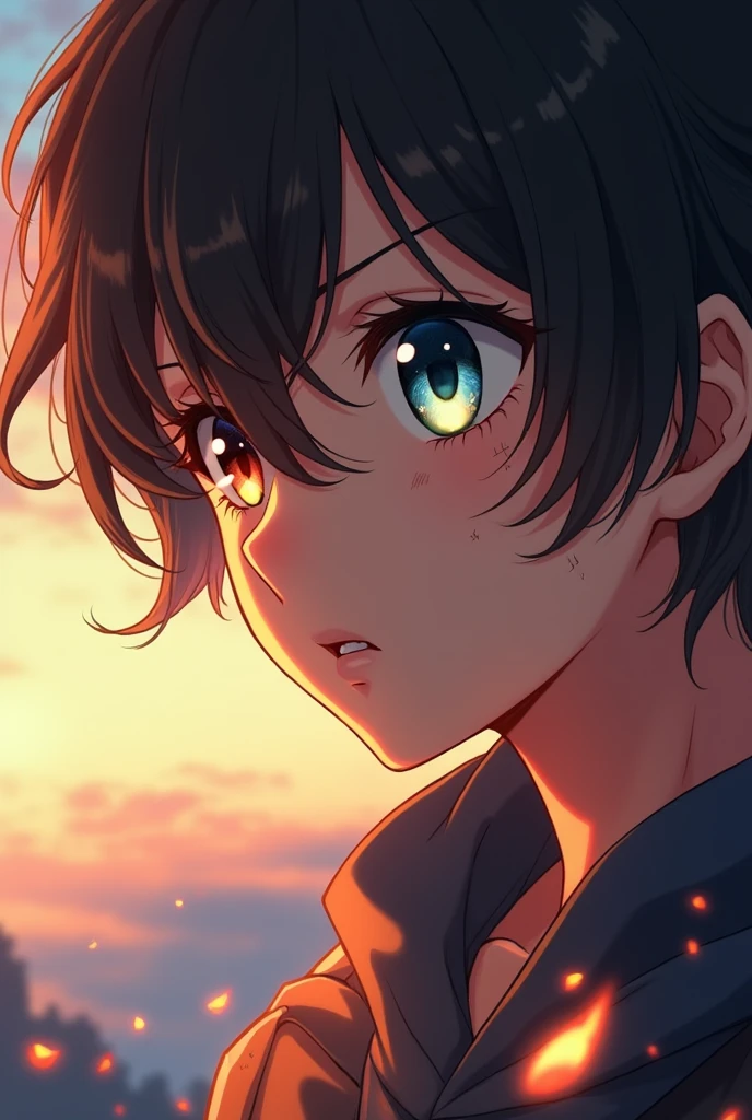 A highly detailed close-up digital illustration of an anime-style character's face, focusing on the eyes, nose, and part of the mouth. The character has large, expressive eyes with one eye being a striking amber hue and the other a sky blue with visible reflections and highlights. Their thick, dark, wavy hair partially frames the face, with strands falling over the forehead and temples, creating soft shadows and highlights. The skin tone is light with subtle freckles, visible scars, and scratches, particularly on the right cheek and forehead, suggesting previous conflict or battle. The nose is prominent, with a subtle highlight on the left side and a small, smooth, pinkish-beige protrusion. The lips are slightly parted, revealing a glimpse of teeth and gums. The character's expression is intense and focused, with a serious demeanor and eyes looking slightly to the left. The lighting is dramatic, featuring warm sunlight from the left side, casting strong shadows on the right side of the face and creating a high-contrast effect that emphasizes the texture of the skin and hair. Small glowing embers or sparks are visible in the midground, adding to the intensity and dramatic atmosphere. The background is blurred, featuring abstract shapes and colors, possibly suggesting a sunset or sunrise, with hints of blue and amber. This creates a mysterious setting. The overall mood is intense and emotional, enhanced by the high contrast, vivid saturation, and balanced exposure of the image. The color palette includes warm hues such as burnt orange, peach, and coral, contrasting with the cool grays and blacks, contributing to the dynamic and visually striking composition. The illustration has an anime-inspired style with highly detailed rendering, creating a realistic yet stylized appearance that emphasizes the character's emotional state and the dramatic lighting.