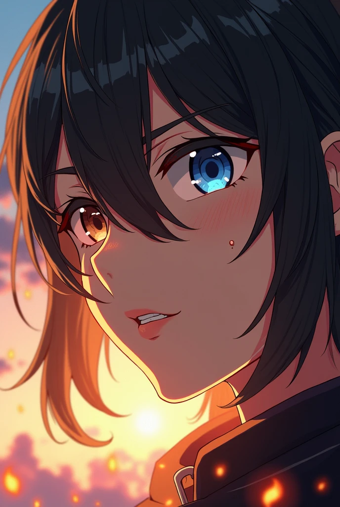 A highly detailed close-up digital illustration of an anime-style character's face, focusing on the eyes, nose, and part of the mouth. The character has large, expressive eyes with one eye being a striking amber hue and the other a sky blue with visible reflections and highlights. Their thick, dark, wavy hair partially frames the face, with strands falling over the forehead and temples, creating soft shadows and highlights. The skin tone is light with subtle freckles, visible scars, and scratches, particularly on the right cheek and forehead, suggesting previous conflict or battle. The nose is prominent, with a subtle highlight on the left side and a small, smooth, pinkish-beige protrusion. The lips are slightly parted, revealing a glimpse of teeth and gums. The character's expression is intense and focused, with a serious demeanor and eyes looking slightly to the left. The lighting is dramatic, featuring warm sunlight from the left side, casting strong shadows on the right side of the face and creating a high-contrast effect that emphasizes the texture of the skin and hair. Small glowing embers or sparks are visible in the midground, adding to the intensity and dramatic atmosphere. The background is blurred, featuring abstract shapes and colors, possibly suggesting a sunset or sunrise, with hints of blue and amber. This creates a mysterious setting. The overall mood is intense and emotional, enhanced by the high contrast, vivid saturation, and balanced exposure of the image. The color palette includes warm hues such as burnt orange, peach, and coral, contrasting with the cool grays and blacks, contributing to the dynamic and visually striking composition. The illustration has an anime-inspired style with highly detailed rendering, creating a realistic yet stylized appearance that emphasizes the character's emotional state and the dramatic lighting.