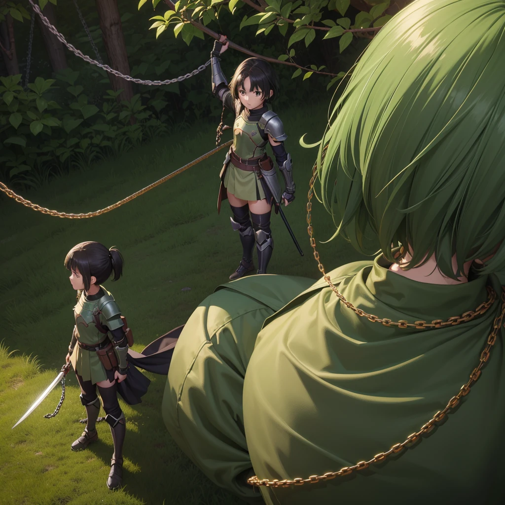 最high quality、high quality、Simple khaki green cloth armor、１０Year-old girl adventurer、Equipped with a weapon that has a short chain at the end of a stick and a spiked iron ball at the end of the chain、In a dark maze、