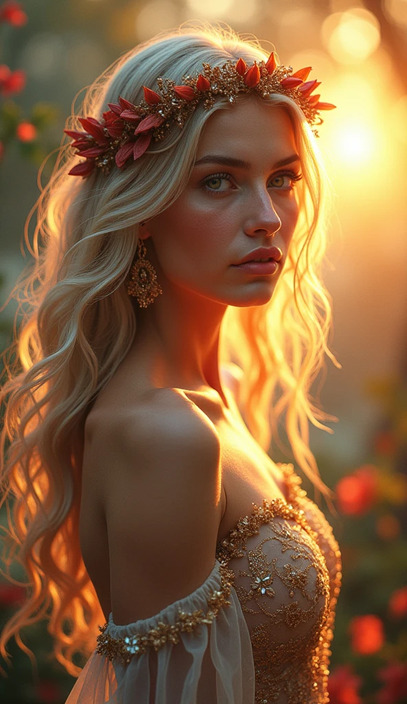(High quality, ultra detailed by hand) (detailed hands) Beautiful Goddess of nature, detailed face, crystalline eyes, face with makeup, blush and lipstick, detailed hairlines and eyebrows, Temperamental, impulsive, creative, impatient and assertive style, delicate face and clear, flowing blonde hair, tiara of red dried leaves, (((half body from the knees up))), transparent dress embroidered in iridescent gold threads, detailed and intricate, in a dynamic pose, in the enchanted forest, flowers, animals , bright butterflies, background of the evening sun between colorful clouds, explosions of light reflected from behind in the hair, a dazzling fantasy of charm and magic. In the best quality, HDR, 8k.