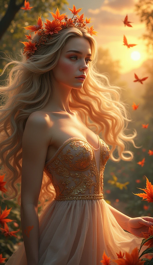A beautiful fairy with bright blonde hair, tinkerbell, posing on a leaf, revealing her from behind, delicate and detailed face, intricate butterfly wings, ethereal nature fantasy, luminous soft lighting, pastel color palette, whimsical storybook style, High quality 8K, work of art, photorrealistic