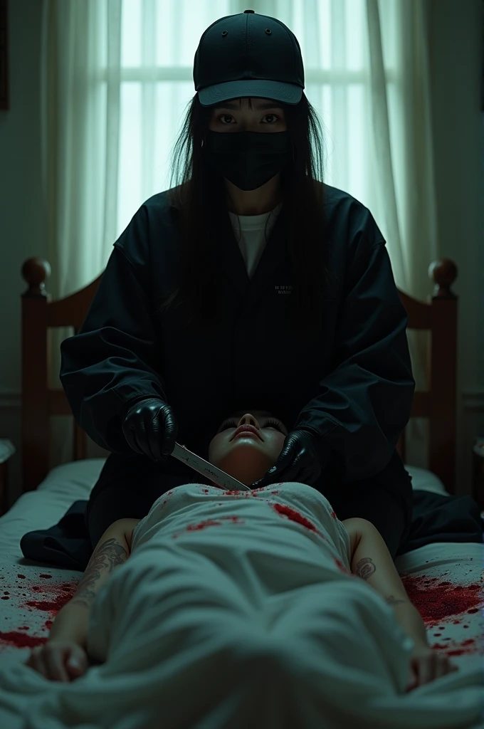 korean girl, (behind stiff, holding knife), stabbing, black surgical mask, black gloves, torture chamber, black raincoat, trucker hat, holding knife, black gloves, woman on top, behind cadaver, blood splatter, on the bed, looking at viewer, mass murderer, killer, low ponytail, blood splatter, dark atmosphere, cinematic lighting, atmospheric realistic, light from the window,
