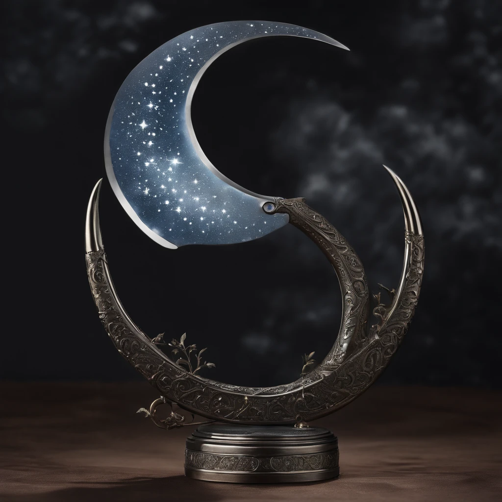 An elegant and mystical scythe, whose design is inspired by the crescent moon. The curved blade is thin and sharp, with a silvery glow reminiscent of the reflection of moonlight at night. The outer edge of the blade has a texture similar to the lunar surface, with small craters and subtle marks. The inside of the blade is smooth and shiny. The scythe handle is made of a dark, polished metal., decorated with carvings of constellations and twinkling stars. At the end of the cable, there is a small ornament in the shape of a full moon, giving the weapon a celestial and ethereal appearance. The scythe exudes a mysterious and magical air, as if connected to the energy of moonlit nights.