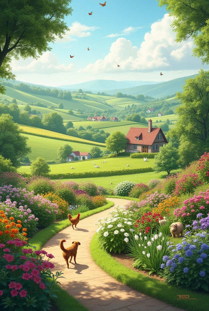 Arrival at the Countryside
  Picture: View of gardens and animals.

