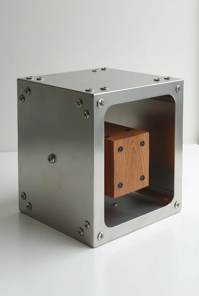 metal matrix in the shape of a cube with a wood inside