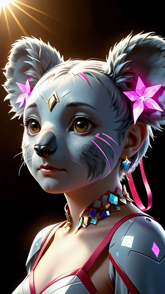 Koala,animal,High resolution, Sparkle Effect, High resolution, masterpiece, accurate, Anatomically correct, 最High quality, Winner of numerous awards, High-resolution model, High detail, detail, quality, High quality, Textured skin, Ultra high definition, Very detailed, Crystal Earrings, Earrings, Animal ears, look up, Overlooking, Wide-angle shot, ribbon, Sparkle Effect, Backlight, far and near method, fluorescence, reflected light, Godley, movie light effect, movie, Movie shooting, futuristic, Super detailed, Super detailedな, Reality, Portrait Photography, Realism, ribbon hair accessory, 