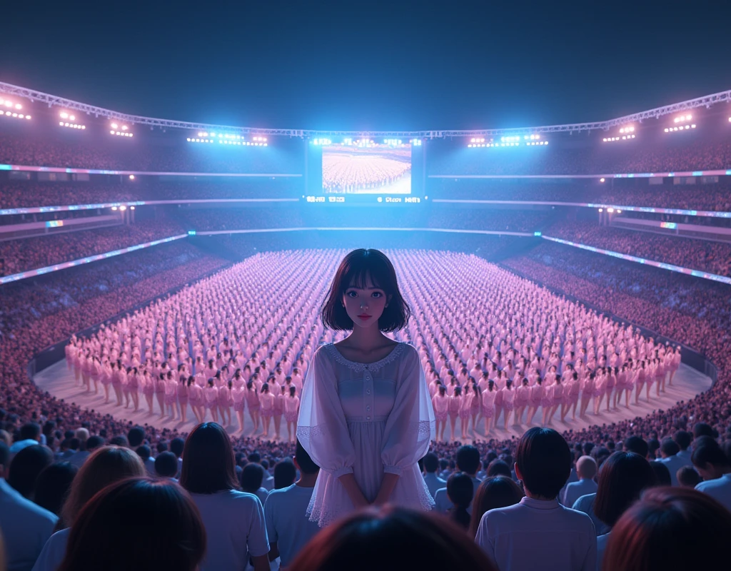 (((((Japanese Clone-girls=Myself))))), (((Super Best masterpiece Clone-girls Raw Photography Art))), (((16K, Highest quality, Ultra-high resolution, RAW Photos))), (((It's so unrealistic., With unparalleled depiction, With an unfathomable sight, An unprecedented and shocking worldview, Clone-girls: In a world of mass reproduction, Ultra-realistic))), (((Japanese Girls, Watanabe-Mayu, 22yo, Small face, Thick black hair, Semi-long hair, Dark Eyes, Mature face, Cute Smile, Smiling face, A gentle gaze, (((Very pleasant look)))))), (((Very beautiful detailed girls, Accurate body structure, Accurate body movements, Very detailed body, (((Super big breasts, Large bulge of ample breasts)))))), (((Idol group stage costumes, Short skirt, hour々I can see your pants, Cleavage Emphasis, Emphasise the fullness of your breasts))), ((((((((Very detailed, Myself cloning, Depiction of splitting oneself, 1Myself girl→1,000,000,000,000,000,000,000,000,000,000Myself cloning girls)))))))), (((((((Myself clone-girlsから, Myself keeps multiplying, (Very detailed and intricate, To the exact, Flawless, (((In the same female body,With the same face, With the same hairstyle, In the same clothes, At the same height, 同じSuper big breastsである))), In a detailed depiction), 1,000,000,000,000,000,000,000,000,000,000 people))))))), (((((Myself girls only))))), (((((1,000,000,000,000,000,000,000,000,000,000Myself girls))))), (((((Very detailed depiction, A singing and dancing Myself idol group, At the outdoor stage at night, A splendid dance performance, Over 100 people, Gaze into the audience, Fun and powerful singing, Dance with unified group movements))))), (((Very detailed, The auditorium is packed, The whole audience is Myself's crowd, Dressed differently from idol groups))), (Seven-coloured stage lighting, Shining a bright light on the idol group), (((((The camera focuses on idol groups., Clear and accurate perspective depiction, Ultra-wide field of view, Focus on the average value of the image))))), The best dance performance ever, Myself and the others were going crazy and the atmosphere was at its peak.