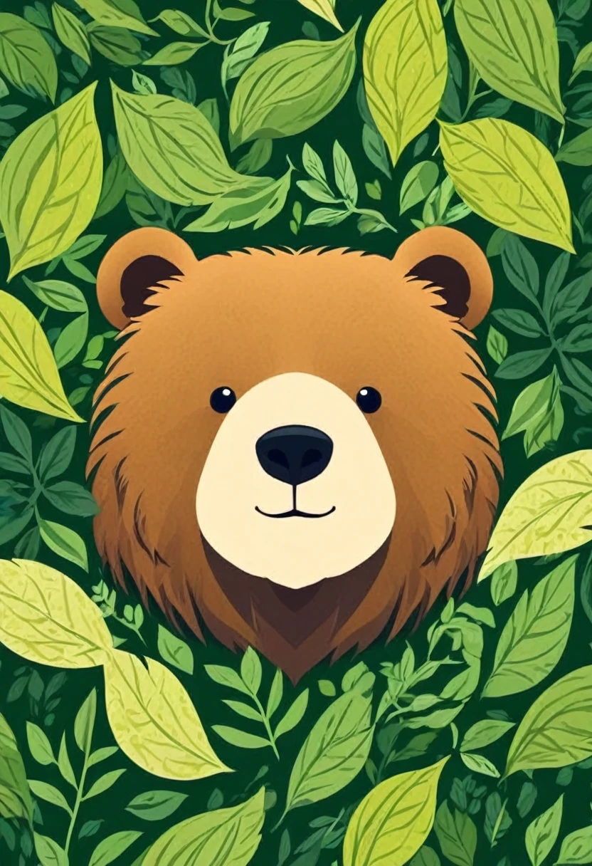 Vector art simple cute detailed textured brown bear head logo background green leaves illustration vector art type, detailed, Beautiful artistic rendering in clean minimalist cartoon style